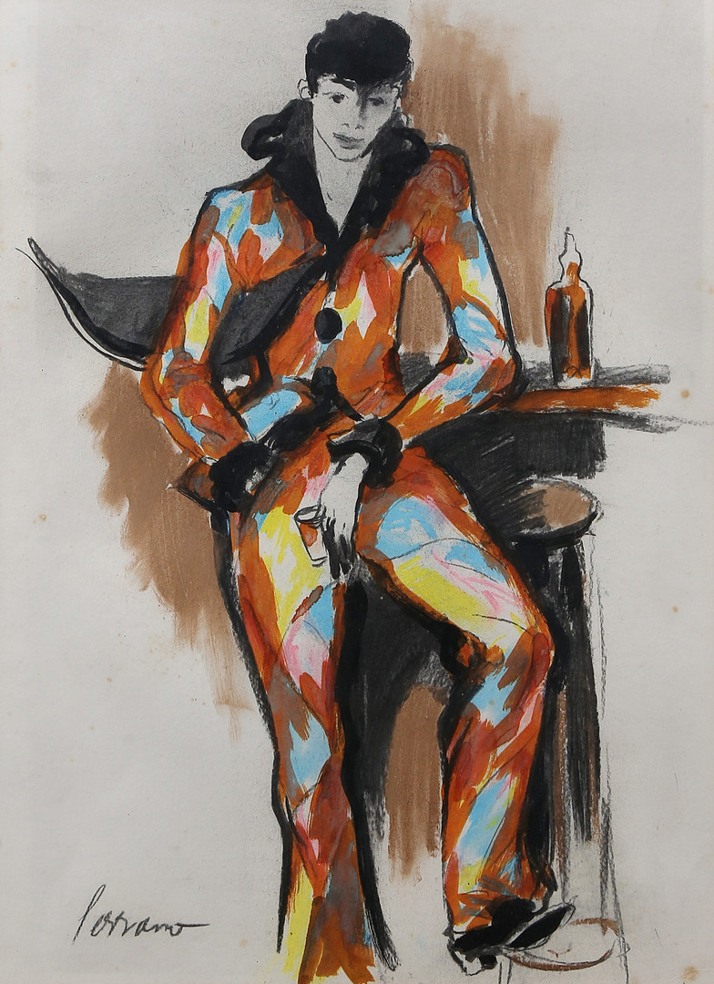 JOSEP MIQUEL SERRANO. Young man dressed as a harlequin drinking sweet wine.