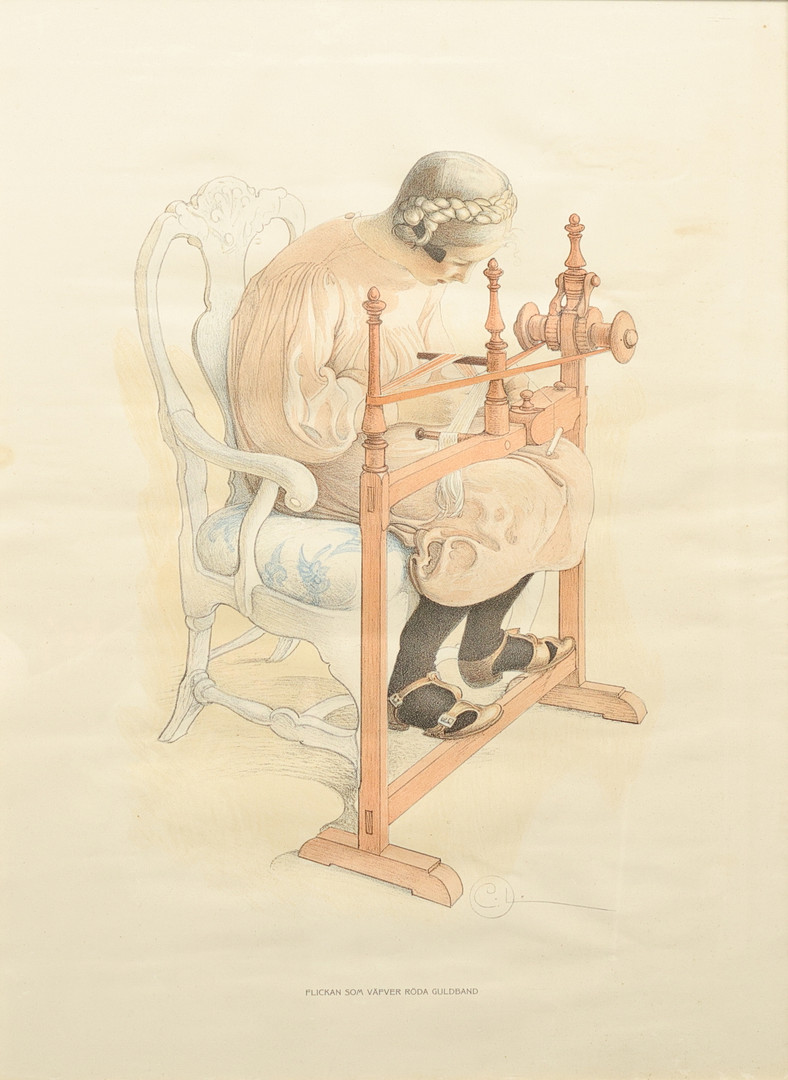 CARL LARSSON. EFTER. grafiskt blad. "Flickan som väver röda guldband", signerad i trycket.