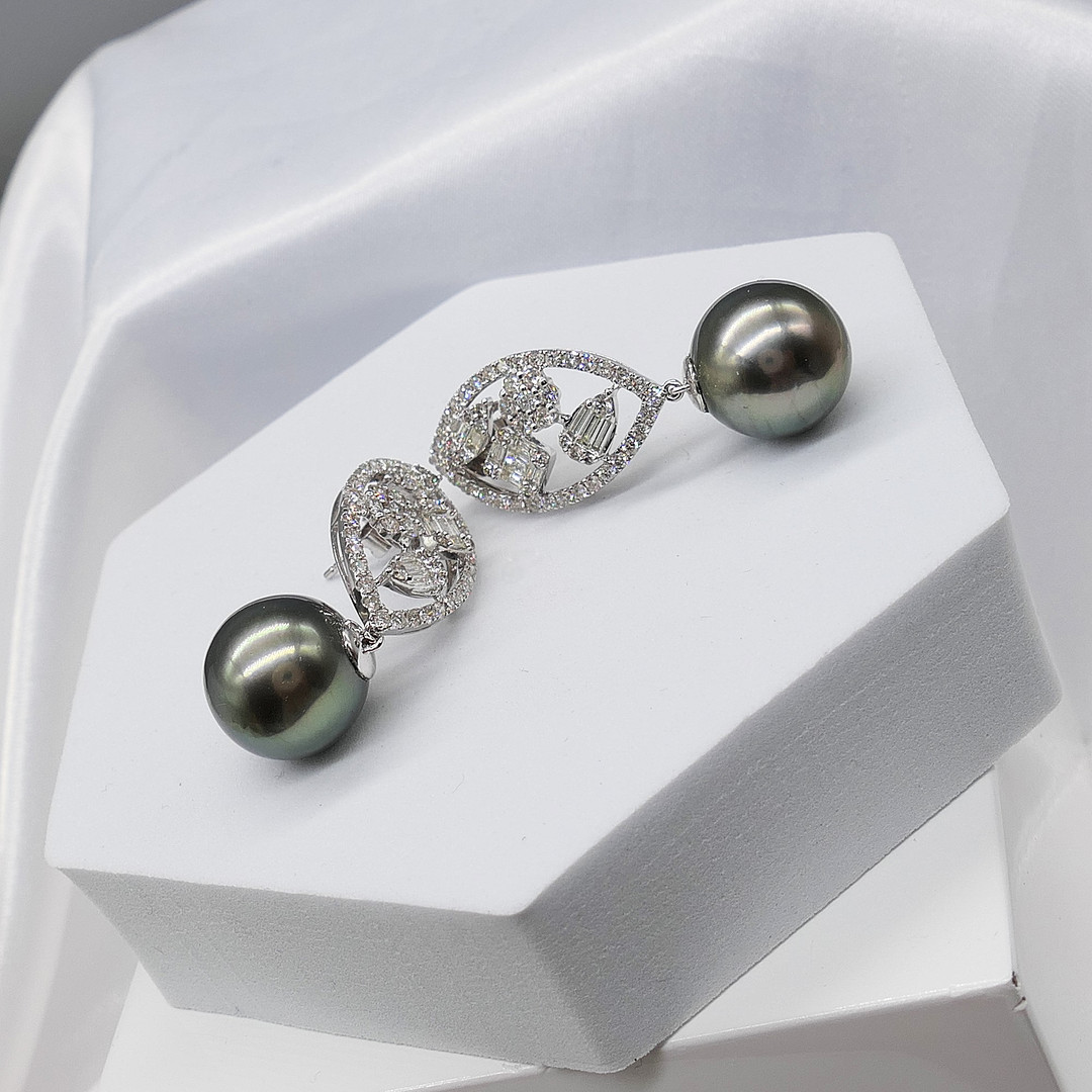 TAHITIAN PEARL & DIAMOND drop earrings.