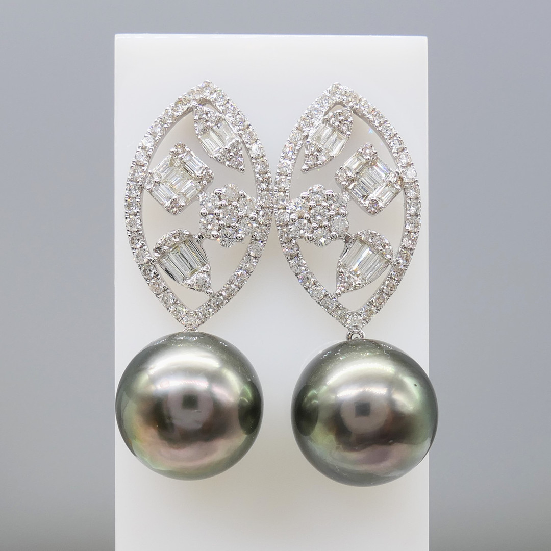 TAHITIAN PEARL & DIAMOND drop earrings.