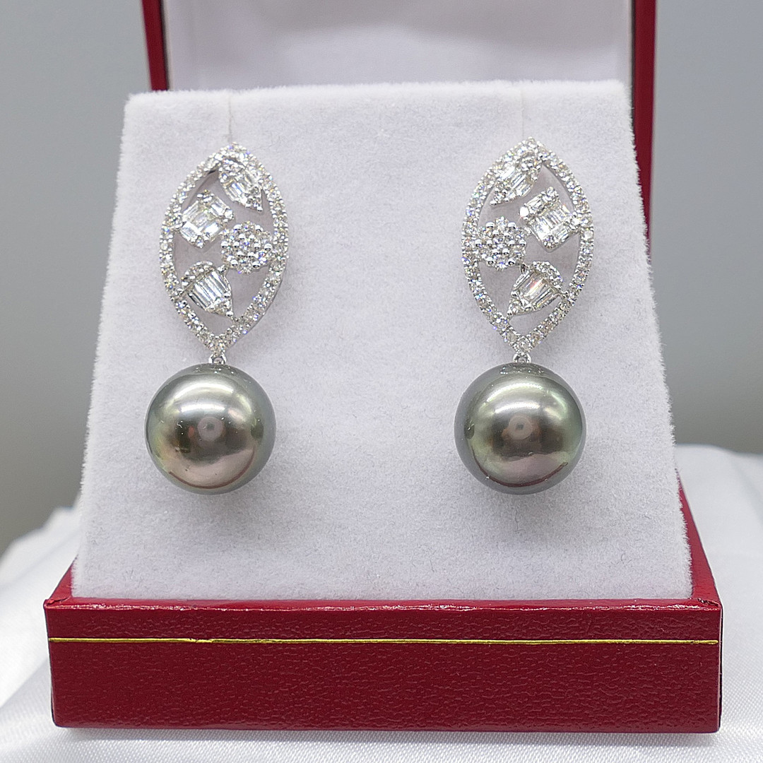 TAHITIAN PEARL & DIAMOND drop earrings.