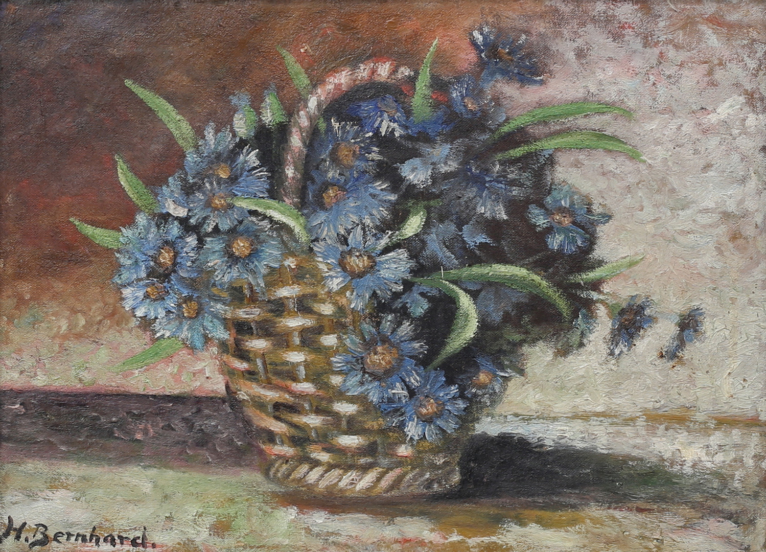 OIDENTIFIERAD KONSTNÄR. Blomsterstilleben. Olja på duk, signerad H. Bernard.
