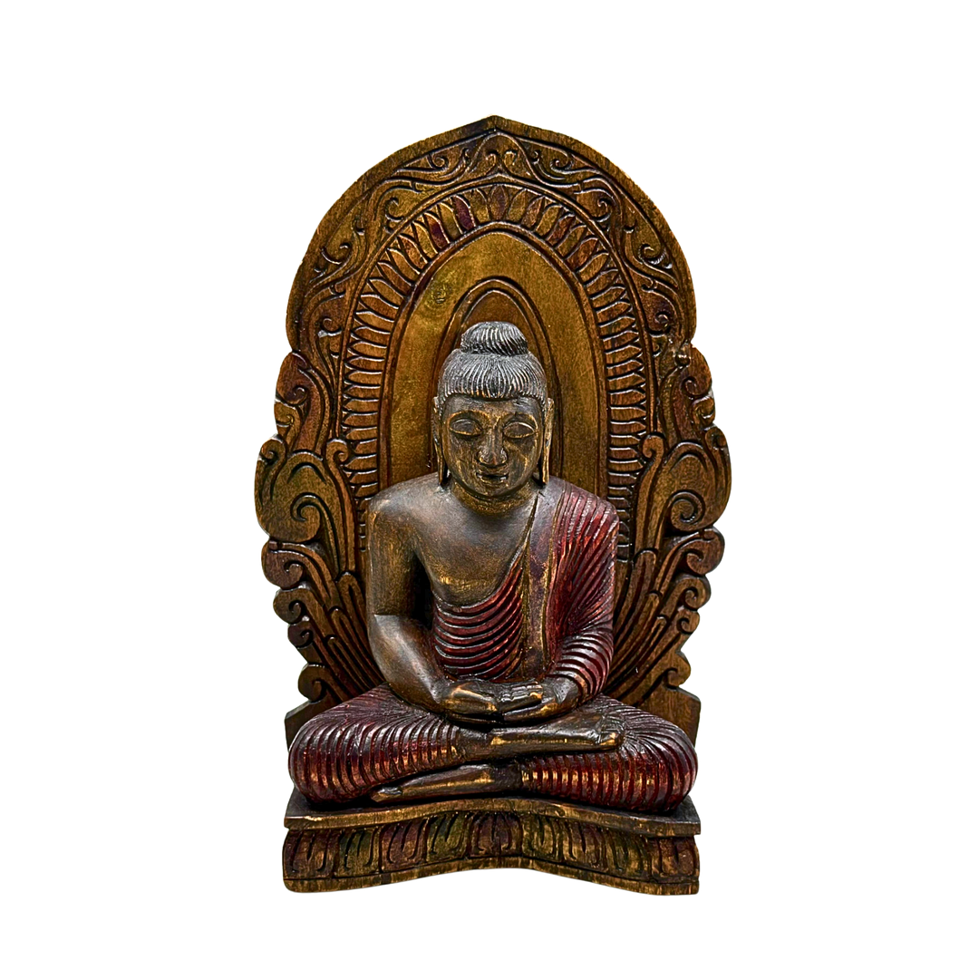 HANDBEMALTE HOLZSTATUE DES SITZENDEN BUDDHA.