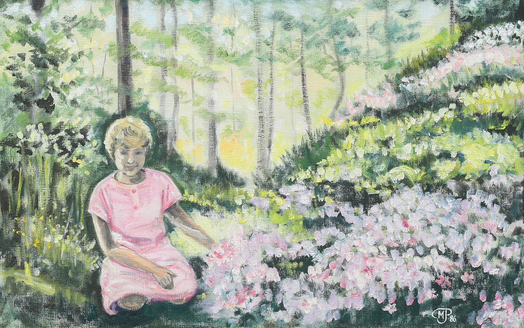 OIDENTIFIERAD KONSTNÄR. Kvinna vid blomsterprakt. Olja på duk, signerad MP, daterad -86.