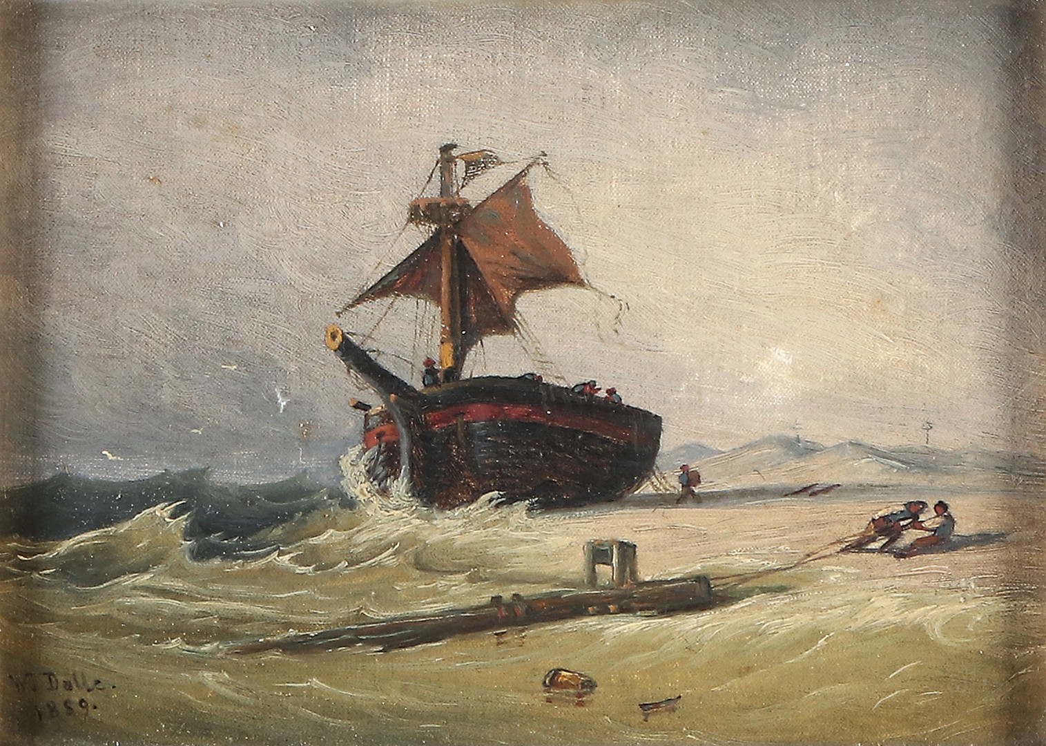 W. DOLLE. Oljemålning på duk, uppfodrad på pannå. Skeppsbrott. Singerad och daterad 1889.