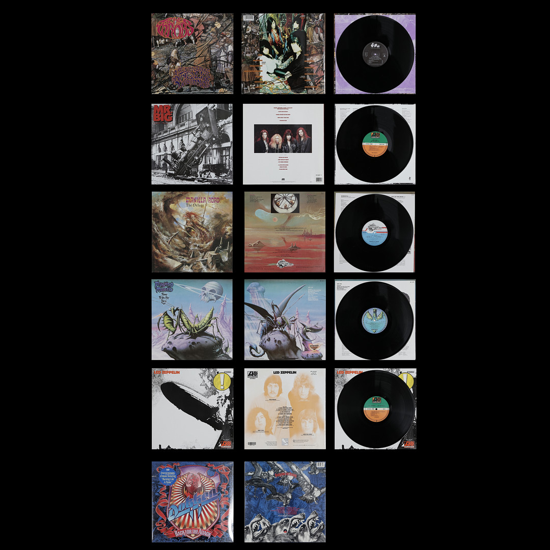 6 LP-SKIVOR, LED ZEPPELIN, PRAYING MANTIS, DOKKEN, MANILLA ROAD, MR. BIG, THE THROBS.