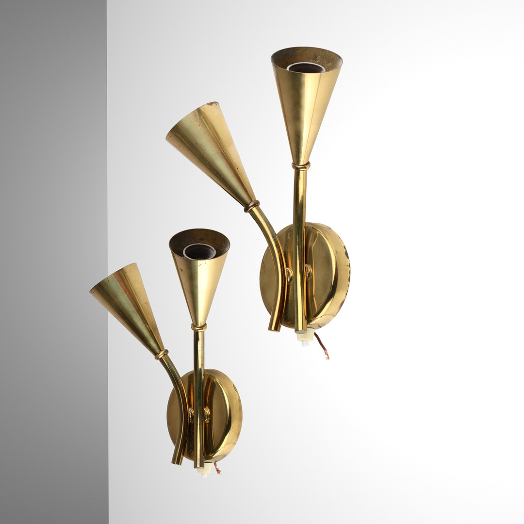 Pair of two-armed brass wall lamps, presumably Danish lamp manufacturer, mid-20th century, (2).
