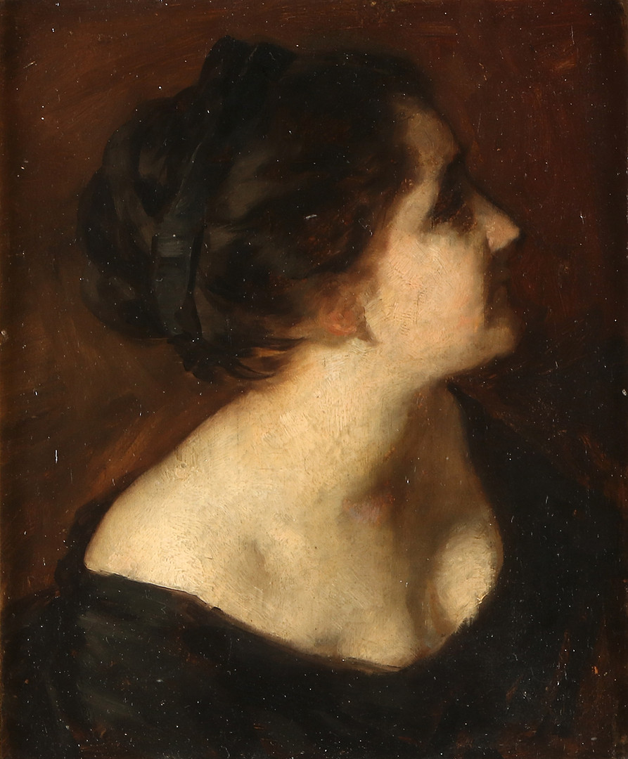 CARL GUSSOW. TILLSKRIVEN. Oljemålning på pannå. Kvinnoporträtt. Osignerad.
