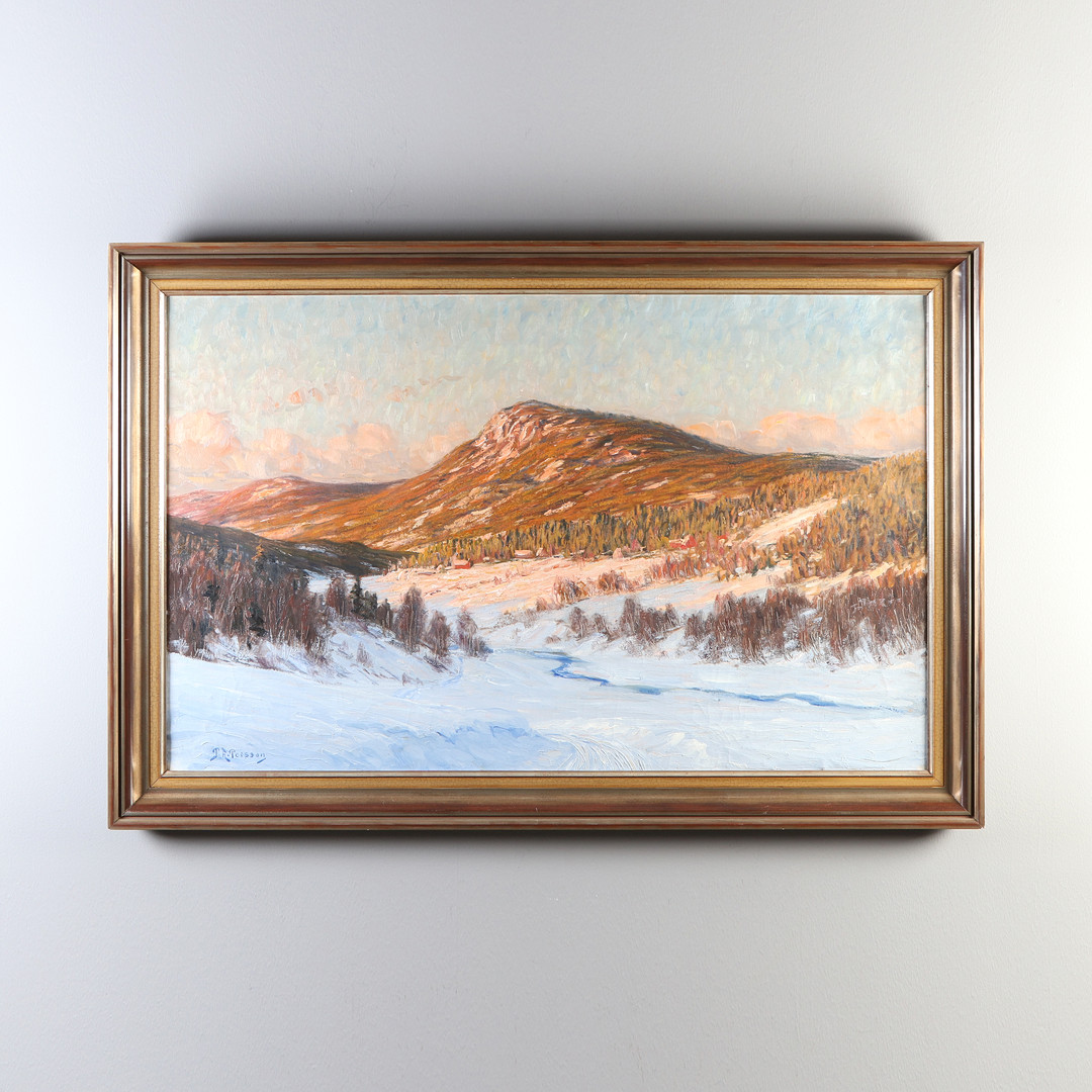 PETER ADOLF PERSSON. Oljemålning på duk. "Vinterafton i Värmland". Signerad.