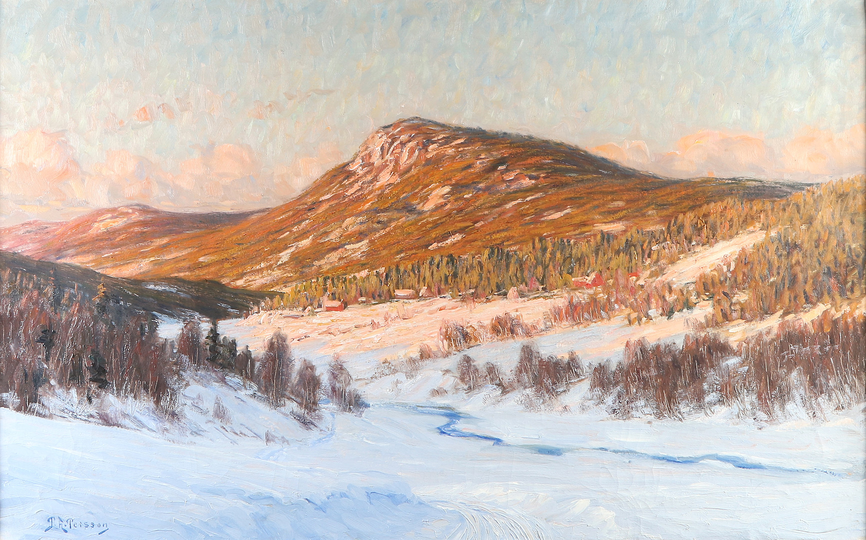 PETER ADOLF PERSSON. Oljemålning på duk. "Vinterafton i Värmland". Signerad.