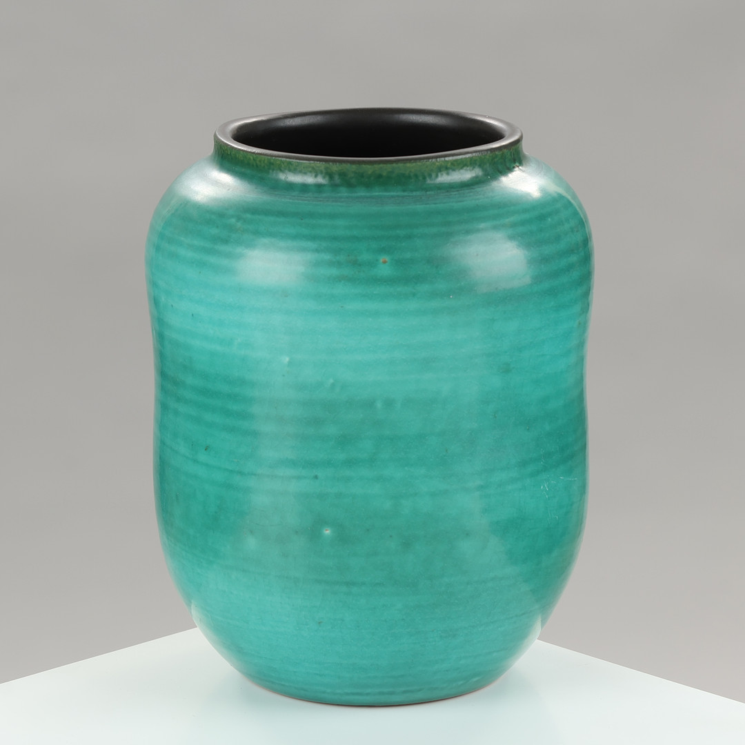 Green-glazed red clay vase made at Royal Copenhagen, Denmark, 1940s.