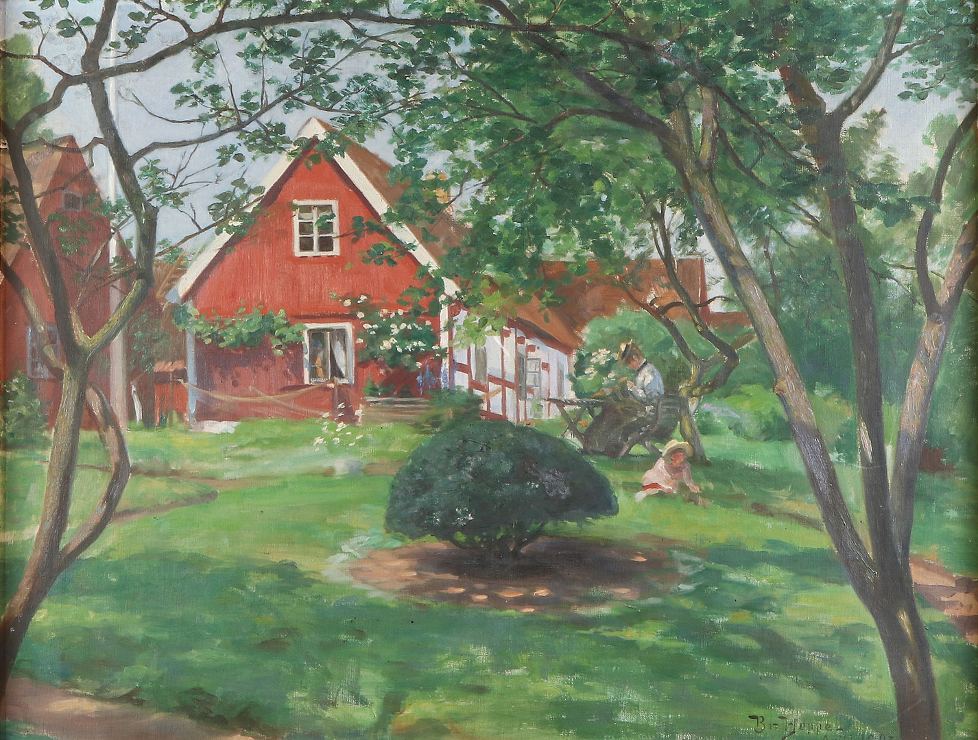 BRUNO HOPPE (1859-1937). Oljemålning på duk. Signerad och daterad 1903. A tergo betitlad "Arild, konstnärens hustru och dotter".