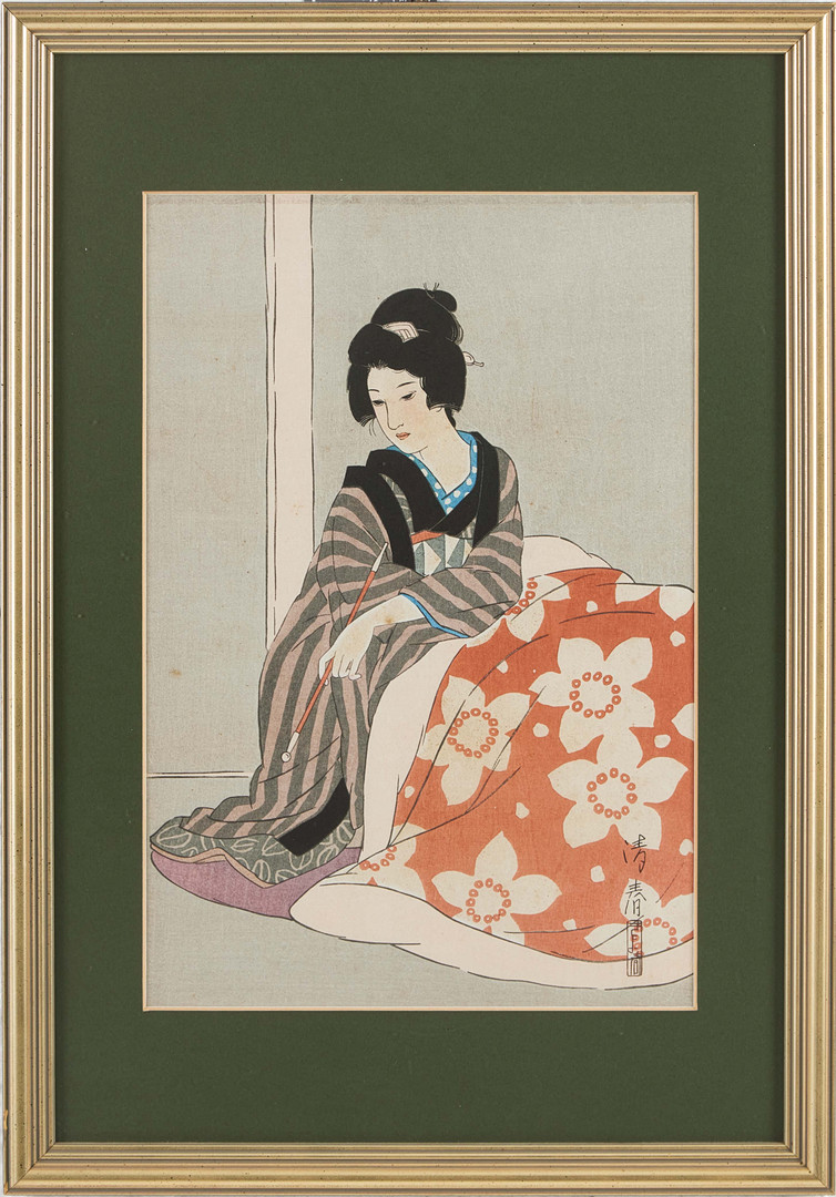 OIDENTIFIERAD KONSTNÄR. Sittande kvinna, träsnitt, Japan, 1900-tal.