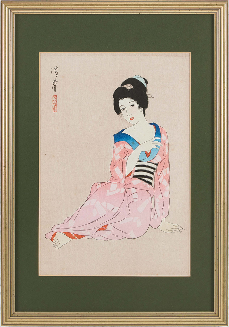 OIDENTIFIERAD KONSTNÄR. Sittande kvinna, träsnitt, Japan, 1900-tal.