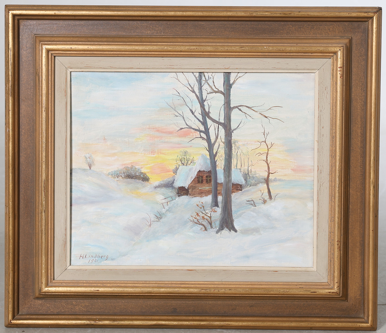 OIDENTIFIERAD KONSTNÄR. Hus i vinterlandskap, olja på pannå, signerad H. Lindberg, daterad 1951.