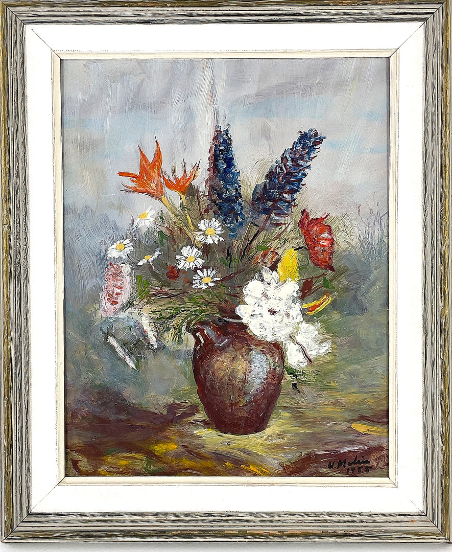 OIDENTIFIERAD KONSTNÄR, olja på pannå, blandade blommor, signerad a. Melin.
