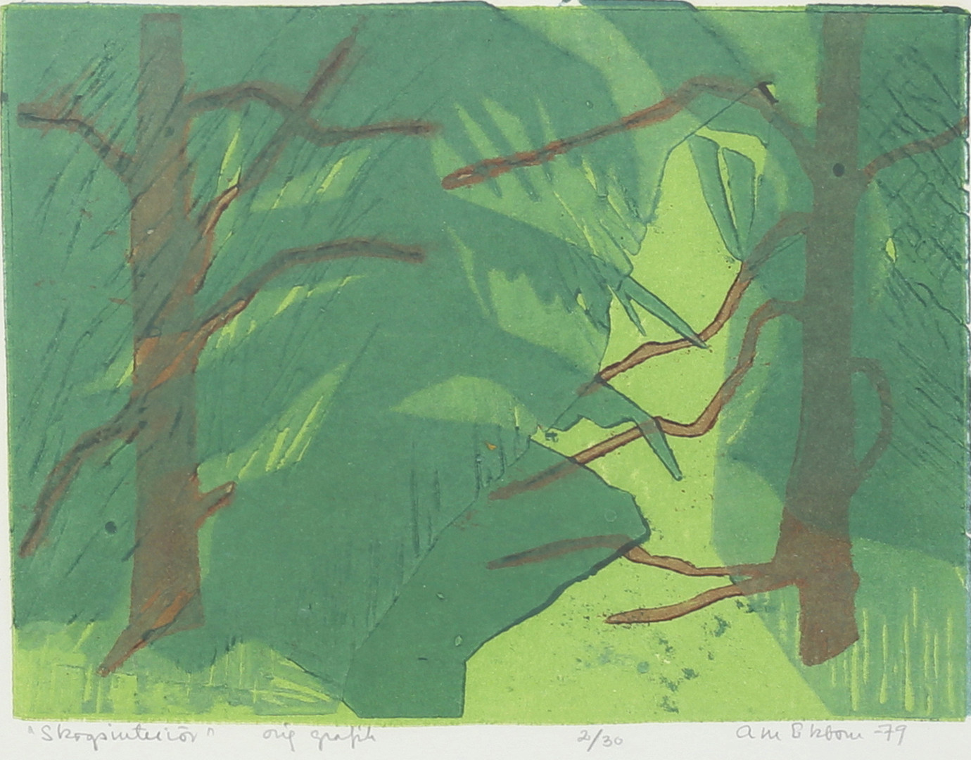 ANN-MARIE EKBOM. "Skogsinteriör". Originalgrafik, signerad och numrerad 2/30, daterad -79.