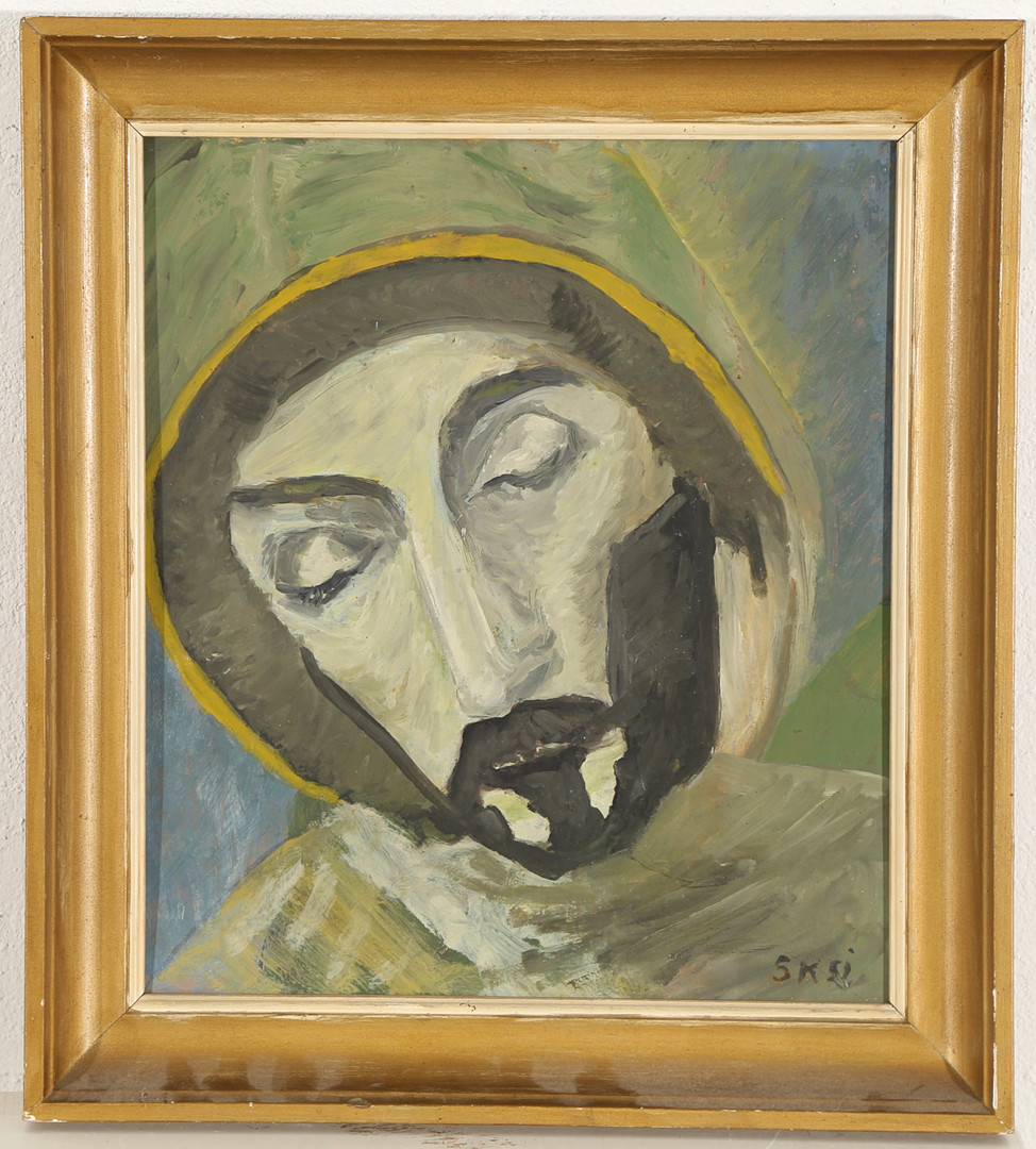 UBEKENDT KUNSTNER. Kristus, olie på malerpap, 1951.