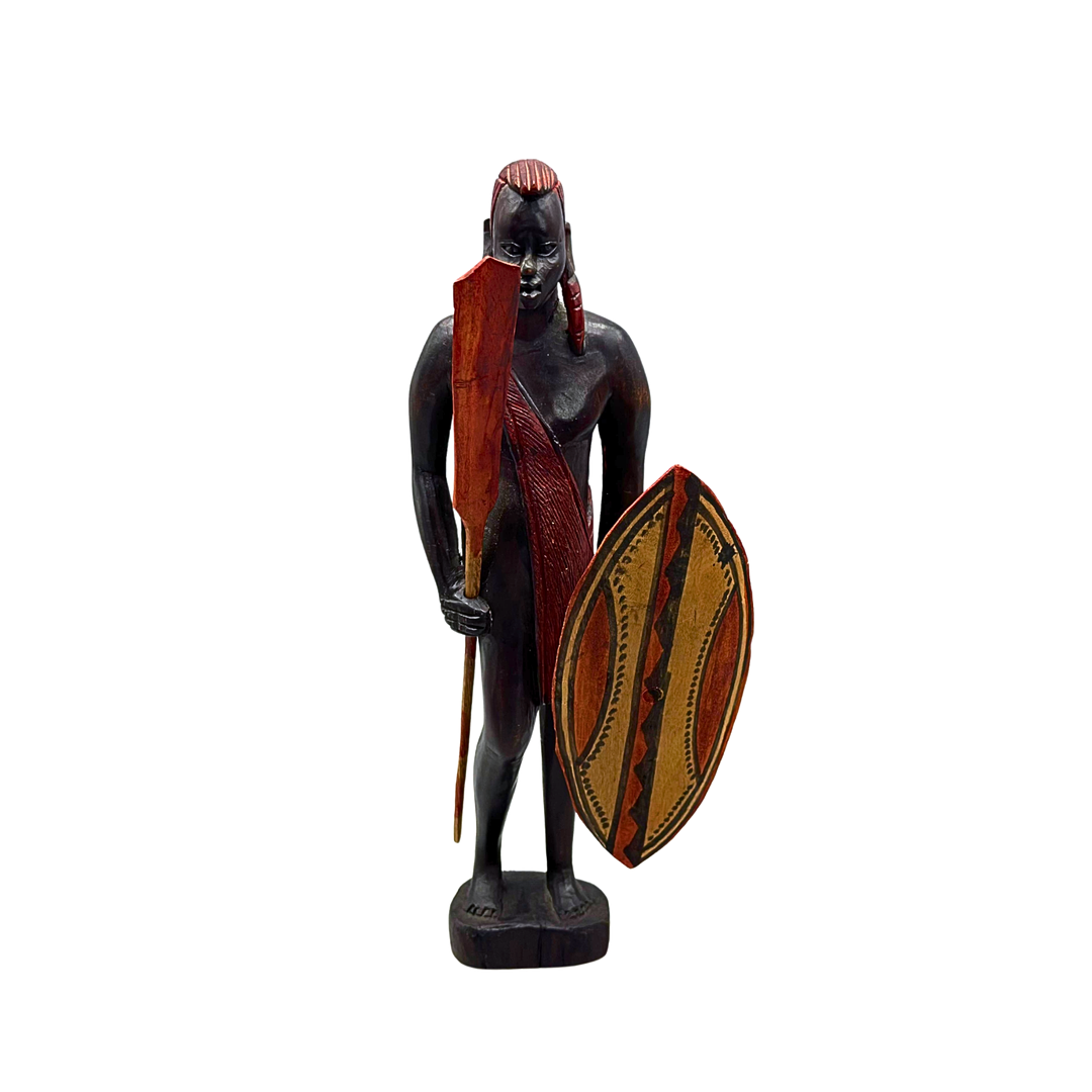 AFRIKANISCHE HOLZFIGUR EINES MASSAI-KRIEGERS MIT SPEER UND SCHILD.