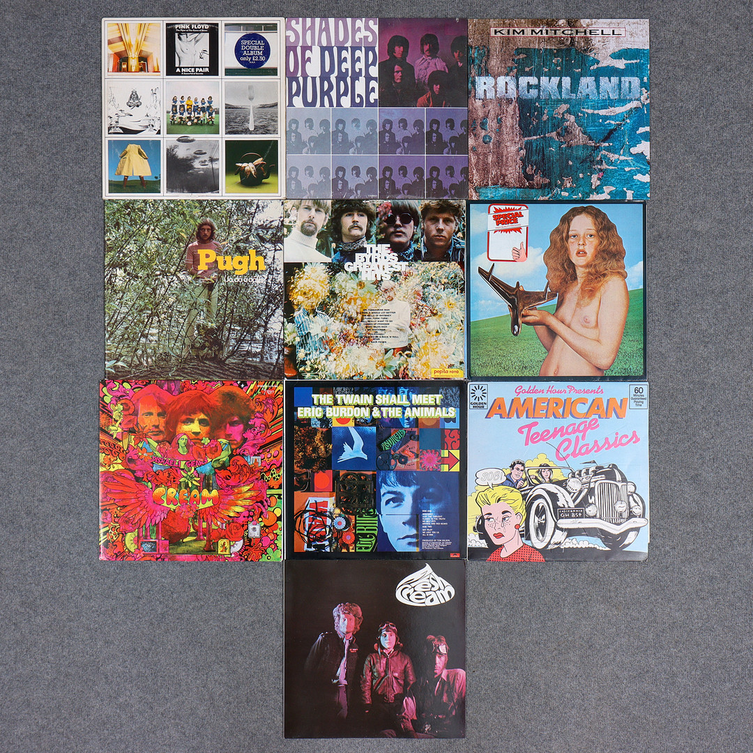 10 LP-SKIVOR, PINK FLOYD, CREAM, GOLDEN HOUR, SHADES OF DEEP PURPLE, ERIC BURDON, KIM MITCHELL, BLIND FAITH, PUGH, THE BYRDS.