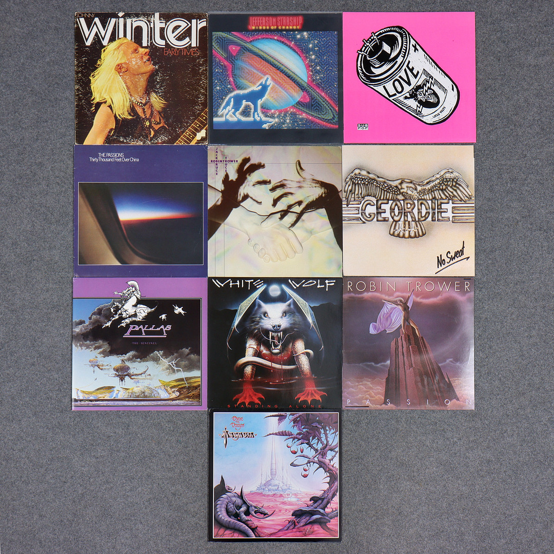 10 LP-SKIVOR, WHITE WOLF, ROBIN TROWER, MAGNUM, GEORDIE, PALLAS, THE PASSIONS, LOVE BATTERY, JEFFERSON STARSHIP, JOHNNY WINTER.