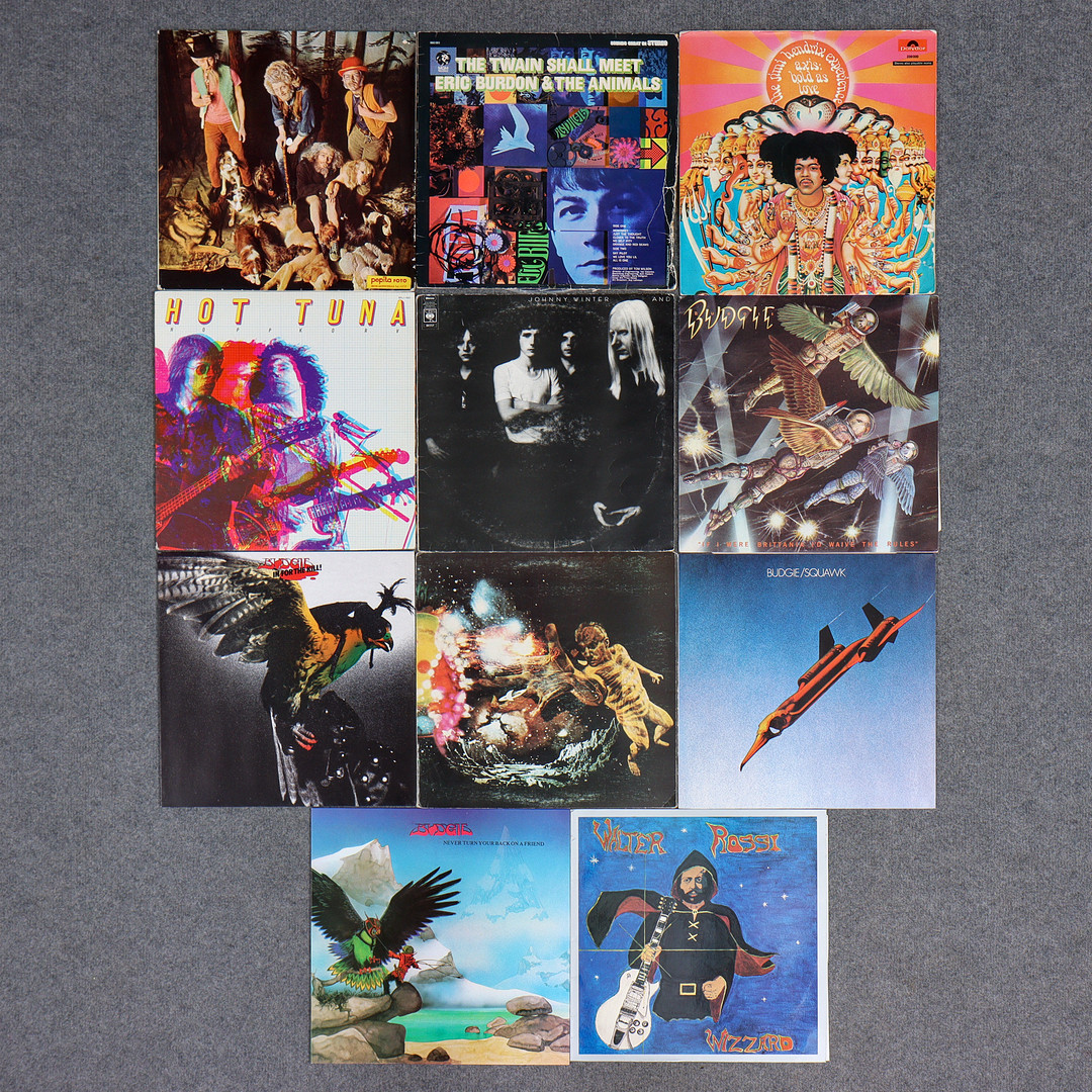 11 LP-SKIVOR, BUDGIE, SANTANA, JOHNNY WINTER, WALTER ROSSI, HOT TUNA, JETHRO TULL, JIMI HENDRIX, ERIC BURDON.