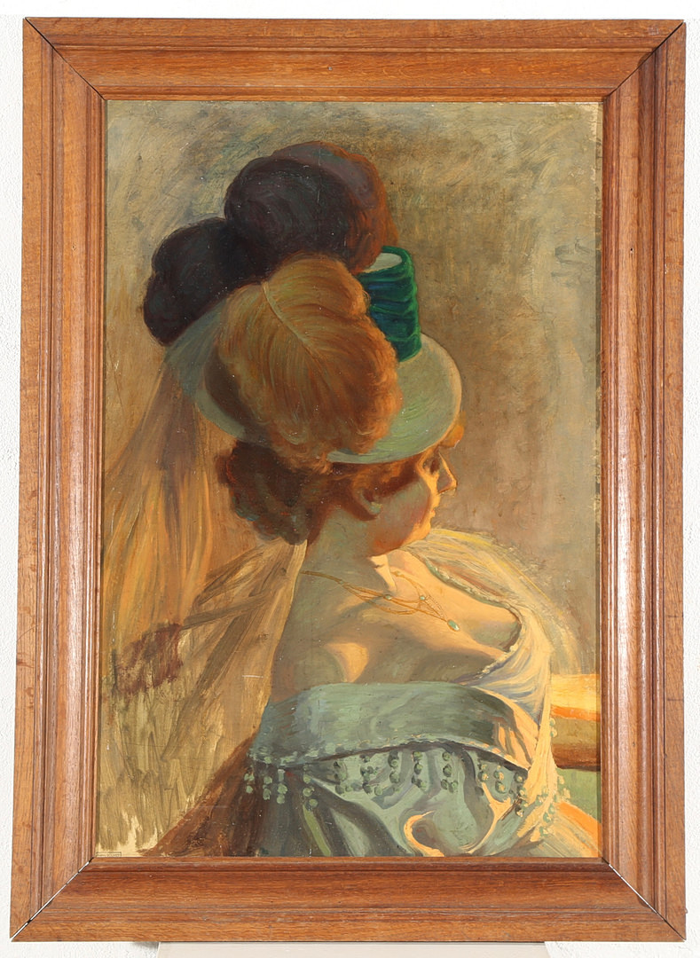 HENRY BOUVET (1859-1945). Portræt af dame med hat, olie på karton opsat på lærred, 1900-tallets første halvdel.