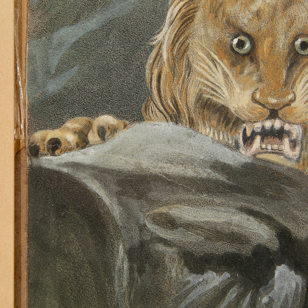 JEAN PIERRE MARIE JAZET (1788–1871). TILSKREVET. Arabisk familie angribes af løve, gouache på litografi, 1900-tallets begyndelse.