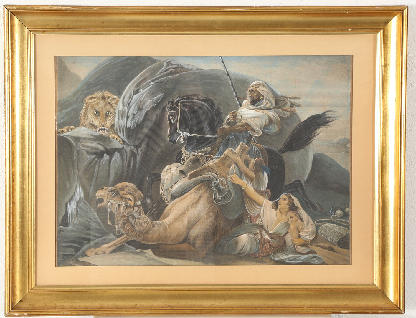 JEAN PIERRE MARIE JAZET (1788–1871). TILSKREVET. Arabisk familie angribes af løve, gouache på litografi, 1900-tallets begyndelse.