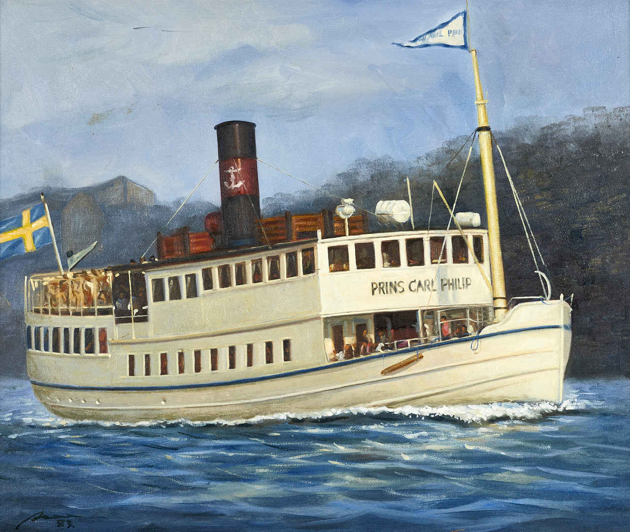 OIDENTIFIERAD KONSTNÄR. Fartygsporträtt av M/S Prins Carl Philip, signerad, daterad -83, olja på duk.