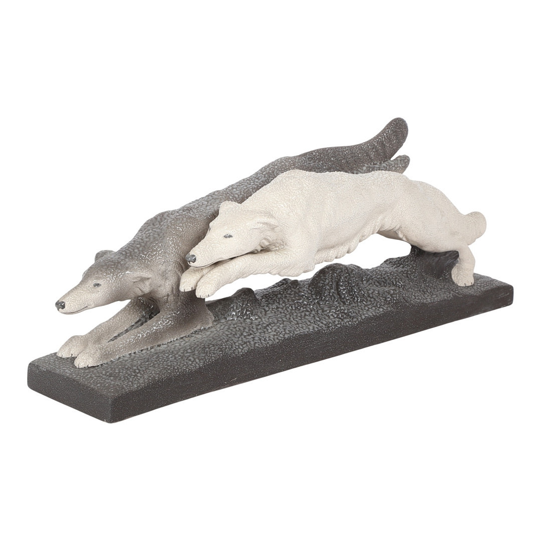 PAUL MILLET (1870-1930). Sevres. Stor art deco figurgruppe af fajance i form af to greyhounds, 1920'erne.