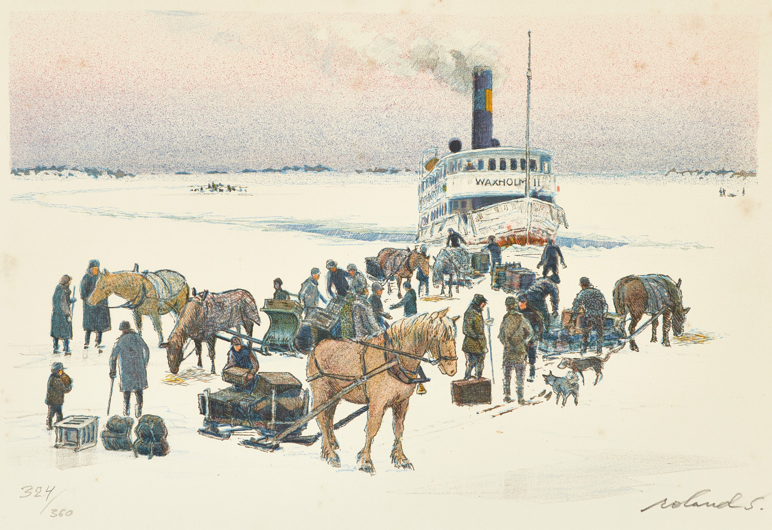 ROLAND SVENSSON (1910-2003). "Möte på isen", ur mappen Den Gamla Ångbåten, signerad, numrerad 215/360, färglitografi.