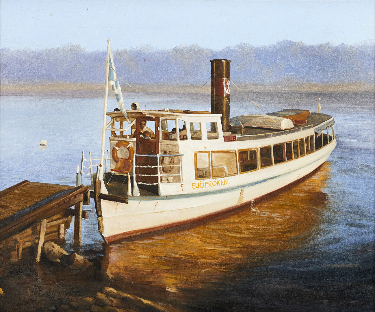 OIDENTIFIERAD KONSTNÄR. M/S Sjöfröken, signerad och daterad Jong -85, olja på duk.
