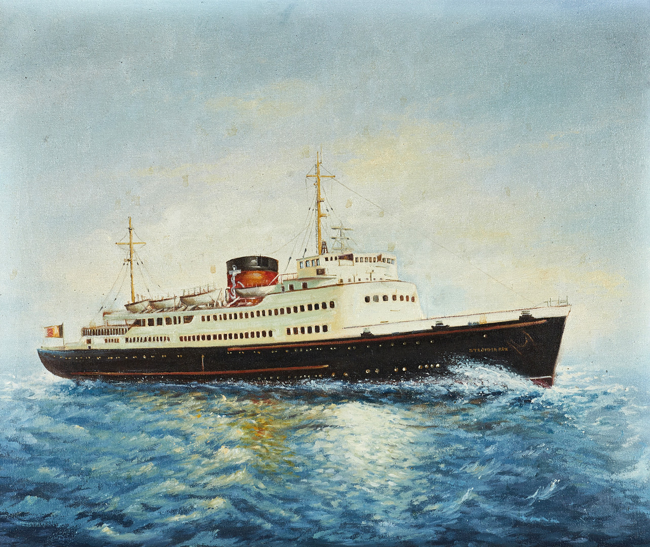 OKÄND KONSTNÄR. Fartygsbild av M/S Strömma Rex, olja på duk.