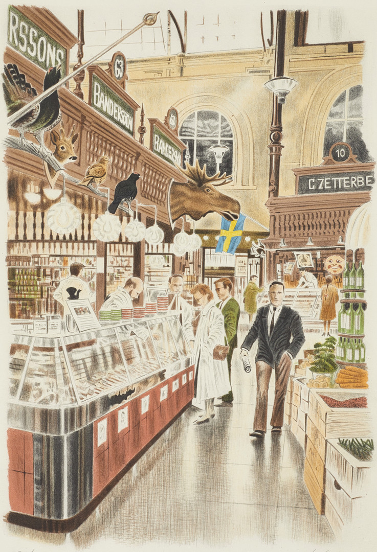 LARS HOLM (FÖDD 1956). Östermalmshallen - Stockholm, signerad och numrerad 37/350, färglitografi.