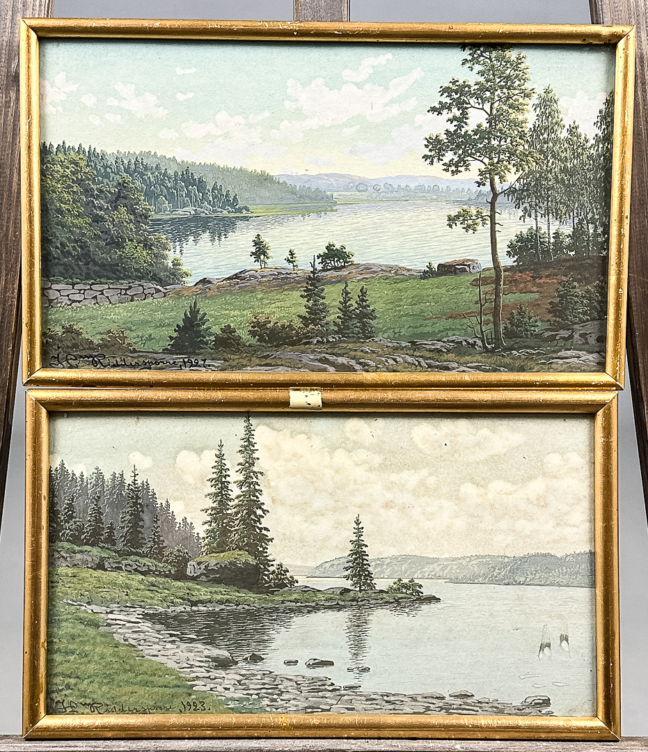 J W RIDDERSPORRE. AKVARELL, 2 st, "Insjölandskap", signerade, daterade-1923/27.
