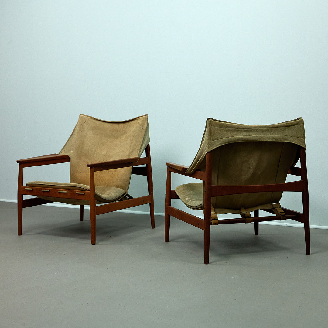 HANS OLSEN. Zwei Lounge Sessel / Armlehnsessel, Viska Möbler, Kinna, Teak, Leder, Dänemark (2).
