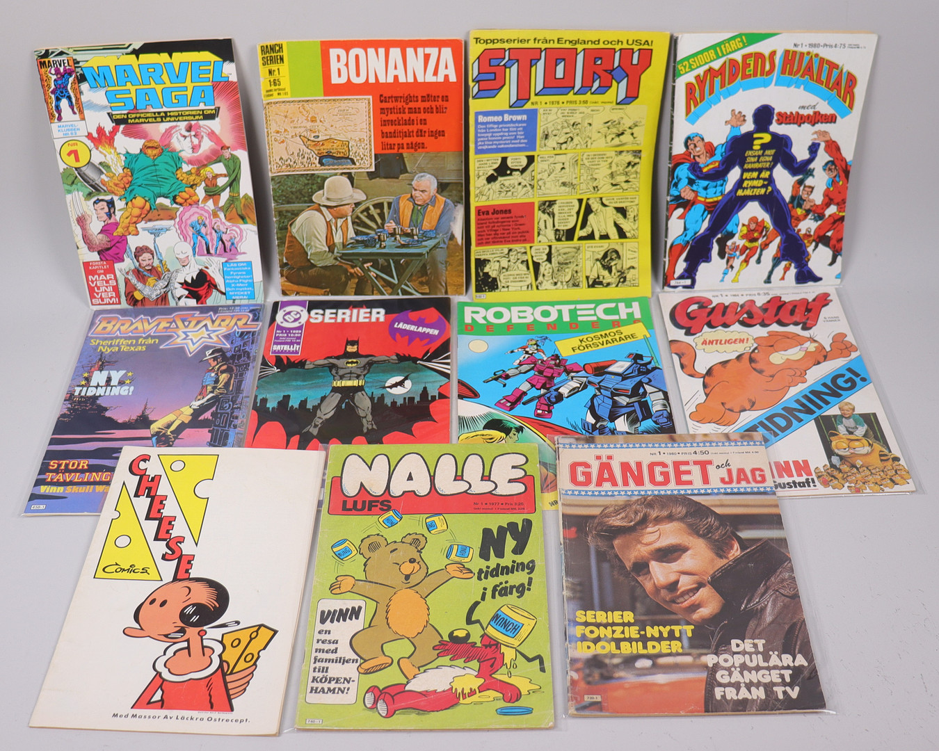SERIETIDNINGAR, första nummer, Gustaf, Gänget och Jag, Bonanza, Marvel Saga, Rymdens Hjältar, Batman, Bravestar mm, 11 st.