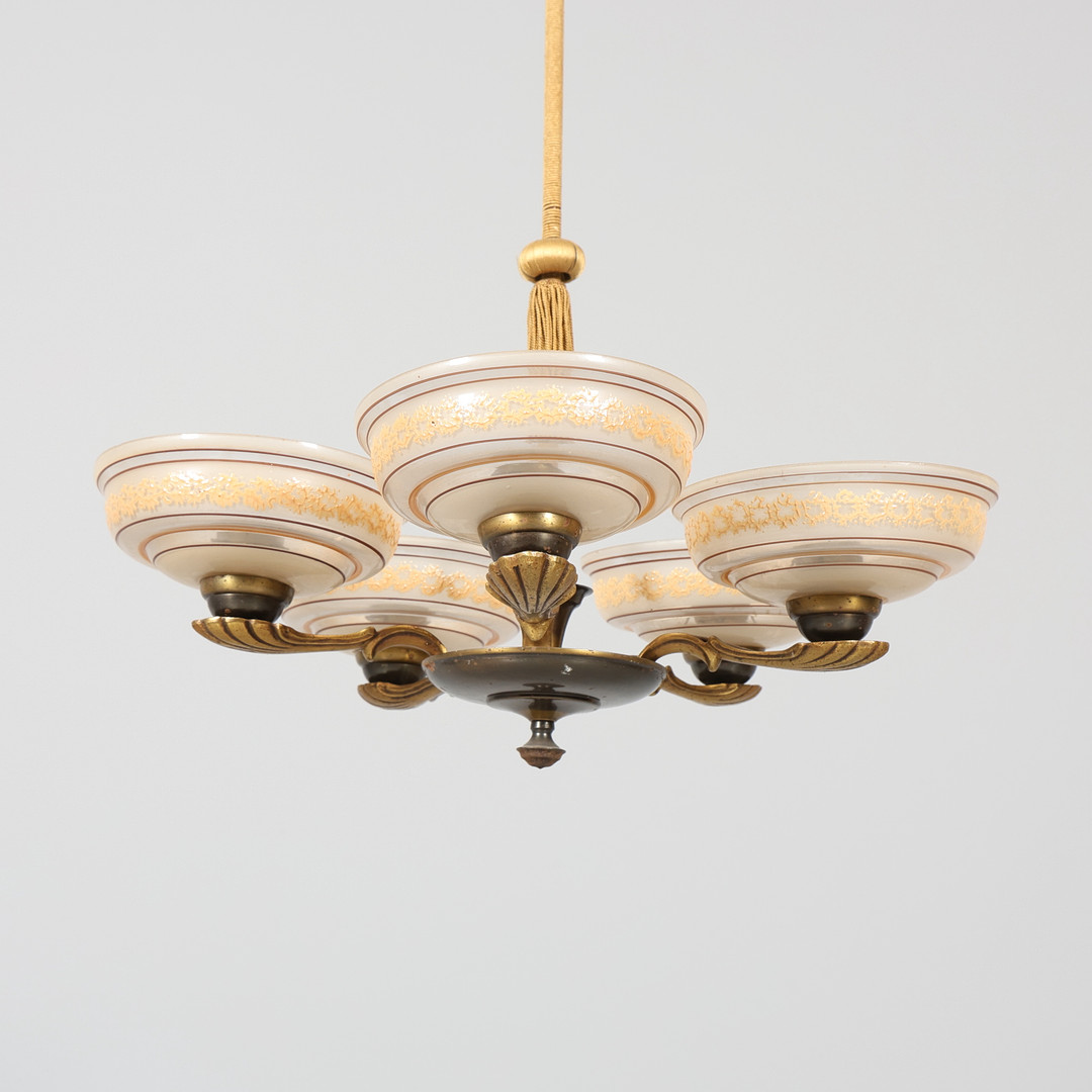 TAKLAMPA, 5-armad, art-deco, 1900-talets första hälft.