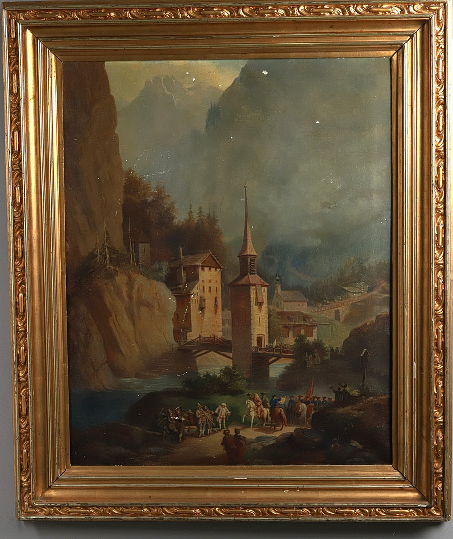 OKÄND KONSTNÄR. Olja på duk, "Soldattåg", 1800 tal.