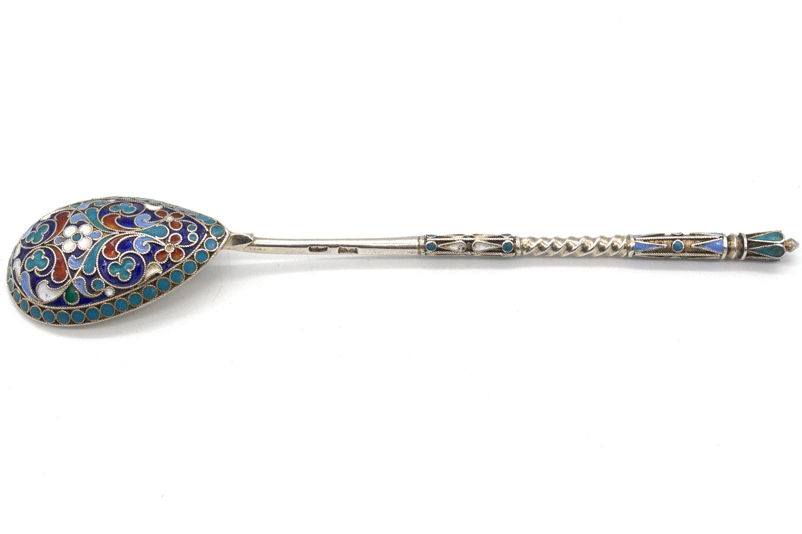 ANTIKER RUSSISCHER 875 SILBER/84 ZOLOTNIKI CLOISONNÉ, LÖFFEL, MOSKAU, SPÄTES 19. JAHRHUNDERT.