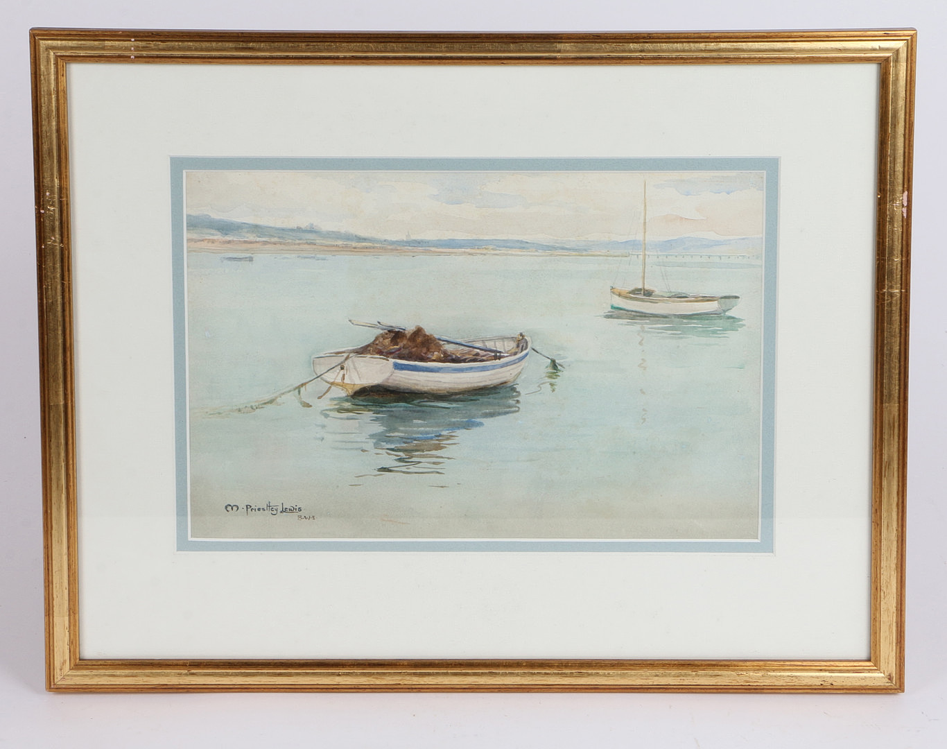 MARY PRIESTLEY LEWIS, R.W.S (BRITISH, 20TH CENTURY) FISHING BOATS NEAR COAST.
