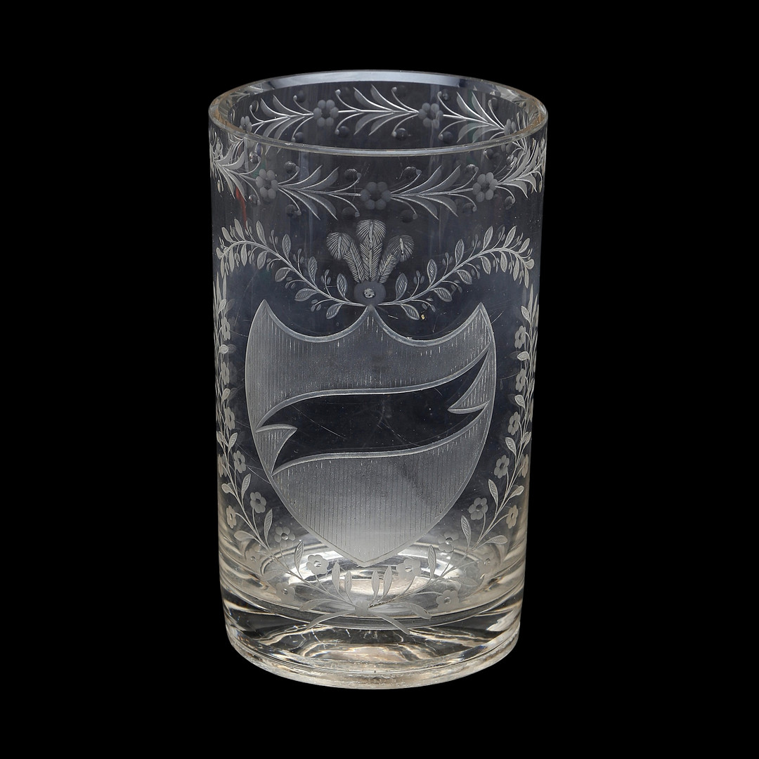 GERMAN or Bohemian cut and engraved glass beaker with a 20 kreuzer silver coin from Augsburg dated 1830, early 19th century.
