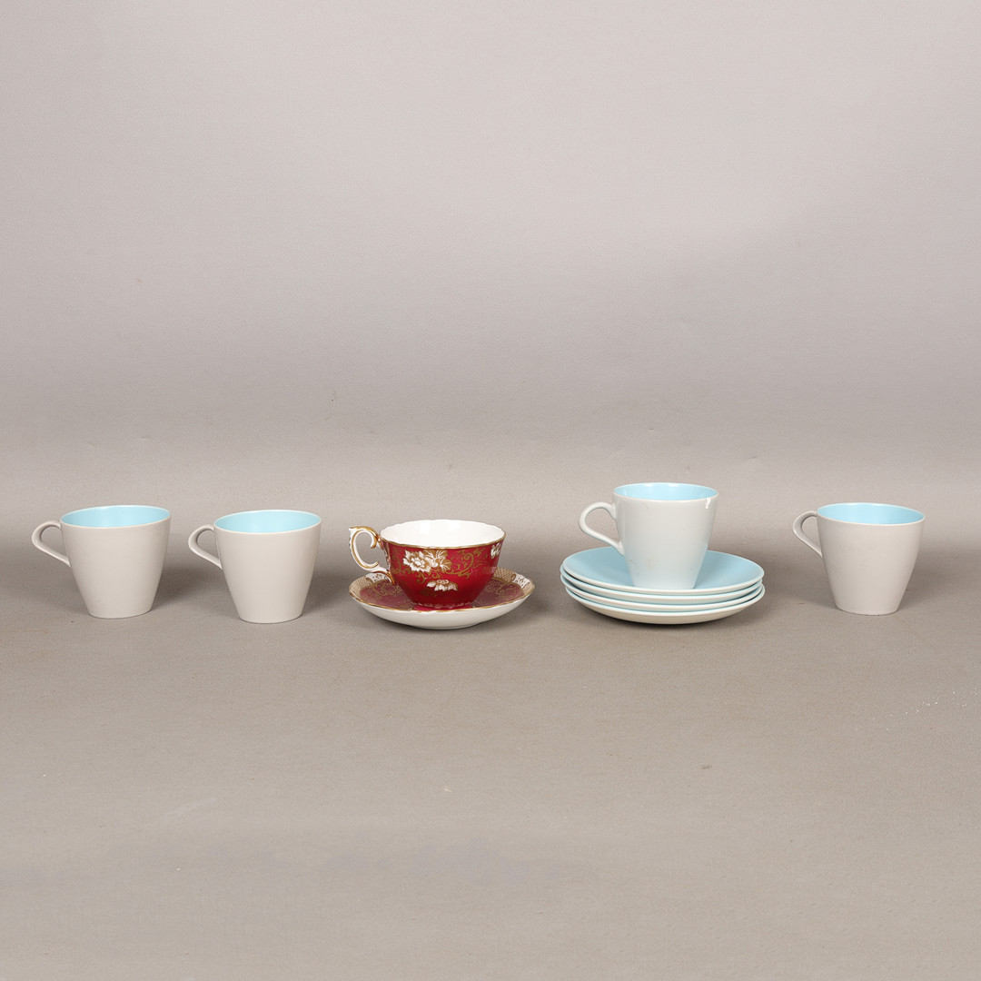 FOUR POOLE POTTERY 'TWINTONE' CUPS AND SAUCERS AND A CROWN STAFFORDSHIRE TEA CUP AND SAUCER (10).