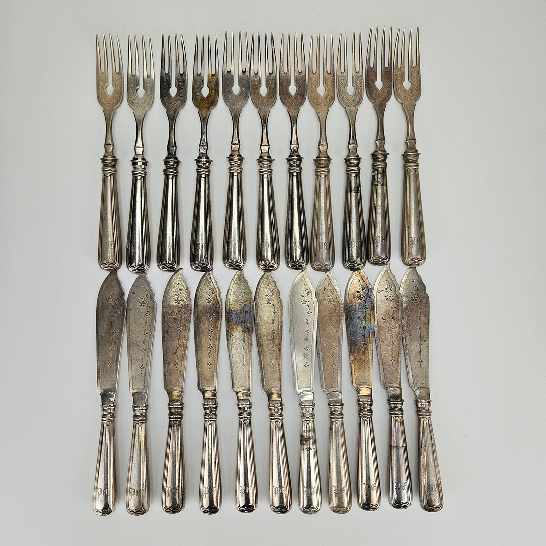 FISKBESTICK, 22 delar, silver, Tyskland, vikt ca. 1133 gram.