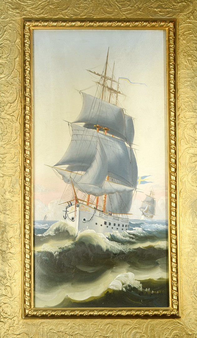 C. A. STRÖMBÄCK. Olja/ Akryl på pannå, "Korvetten Balder", Signerad.