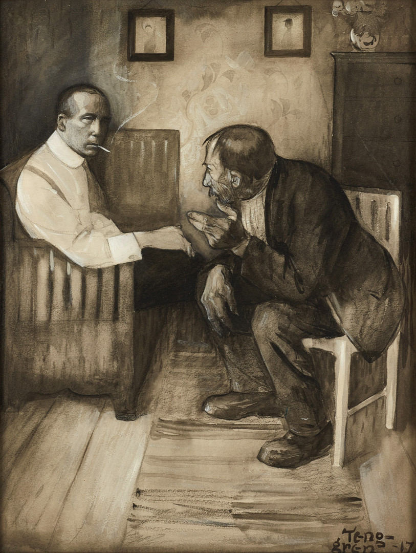 GUSTAF ADOLF TENGGREN (Sverige, 1896-1970): Interiör med samtalande män, signerad och daterad Tenggren -17, tuschlavering.