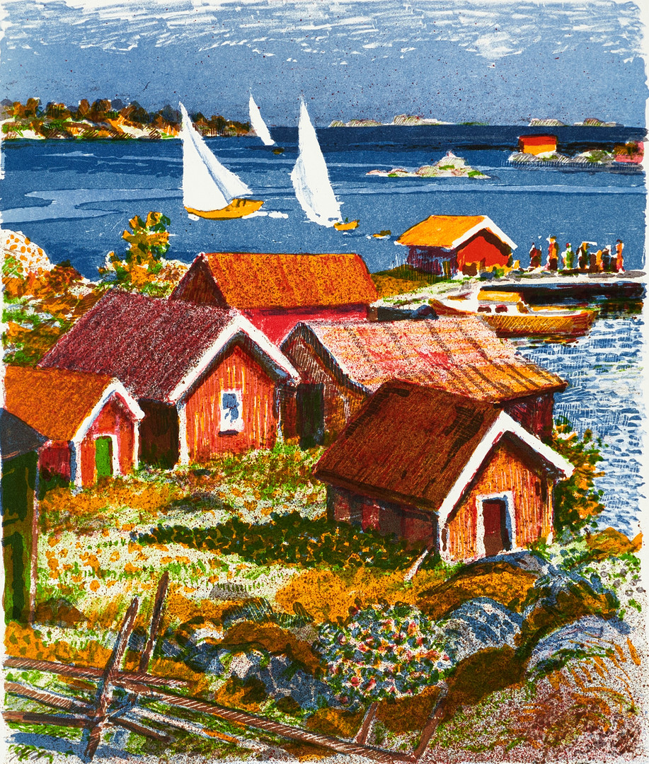 ROLAND SVENSSON (1910-2003): Högsommardag, signerad och numrerad, Roland S, ed 350/350, färglitografi.