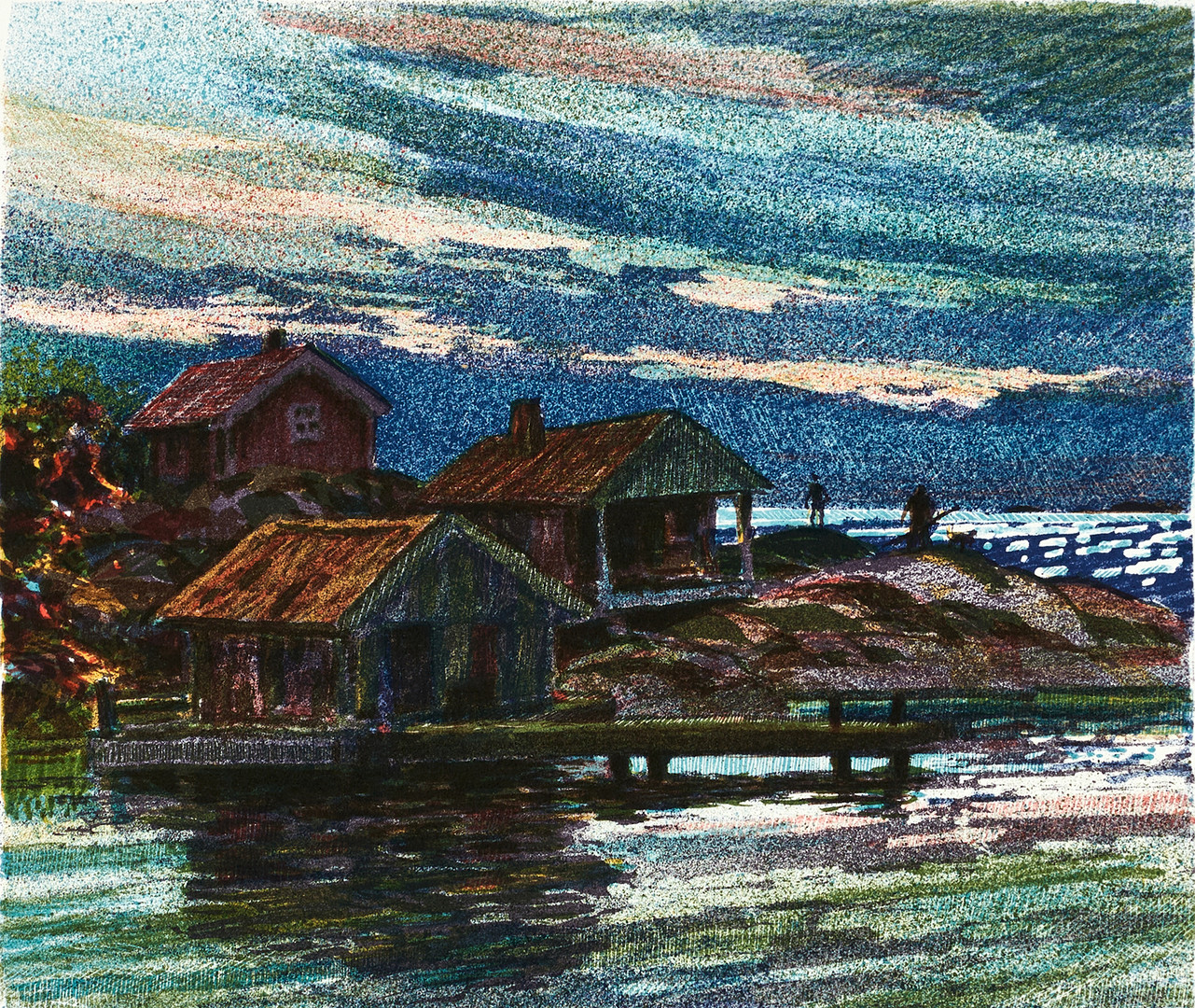 ROLAND SVENSSON (1910-2003): Oktoberkväll, signerad och numrerad, Roland S, ed 350/350, färglitografi.