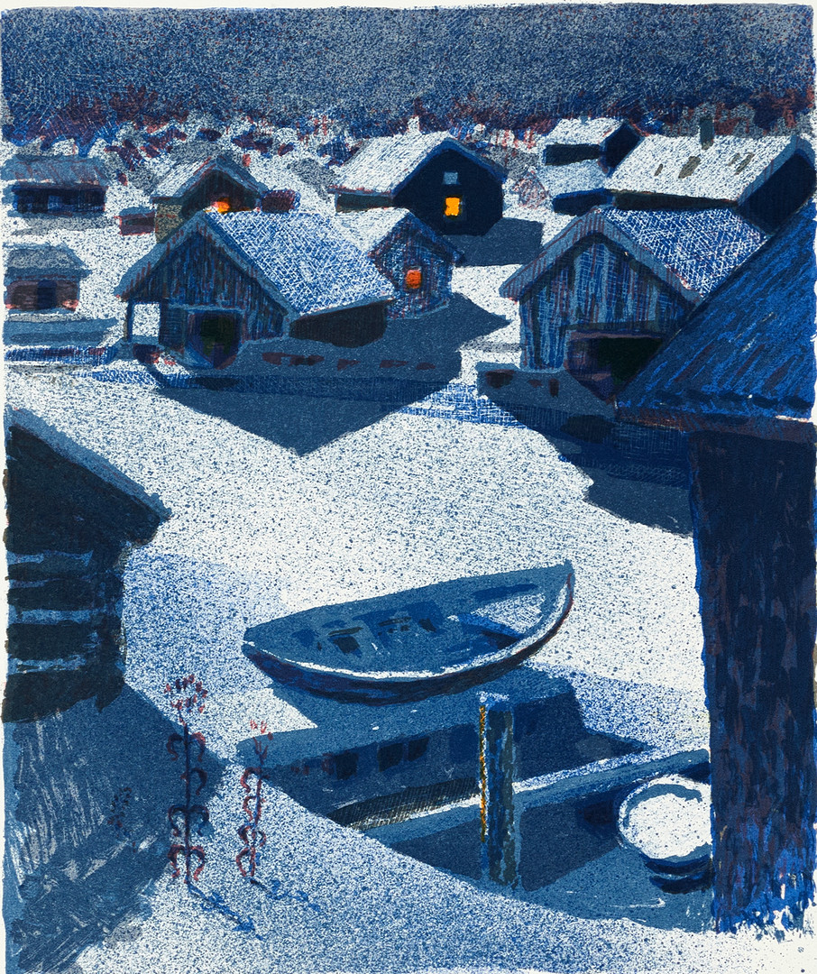 ROLAND SVENSSON (1910-2003). "Månljus, vinternatt", signerad och numrerad roland S. 350/350, färglitografi.
